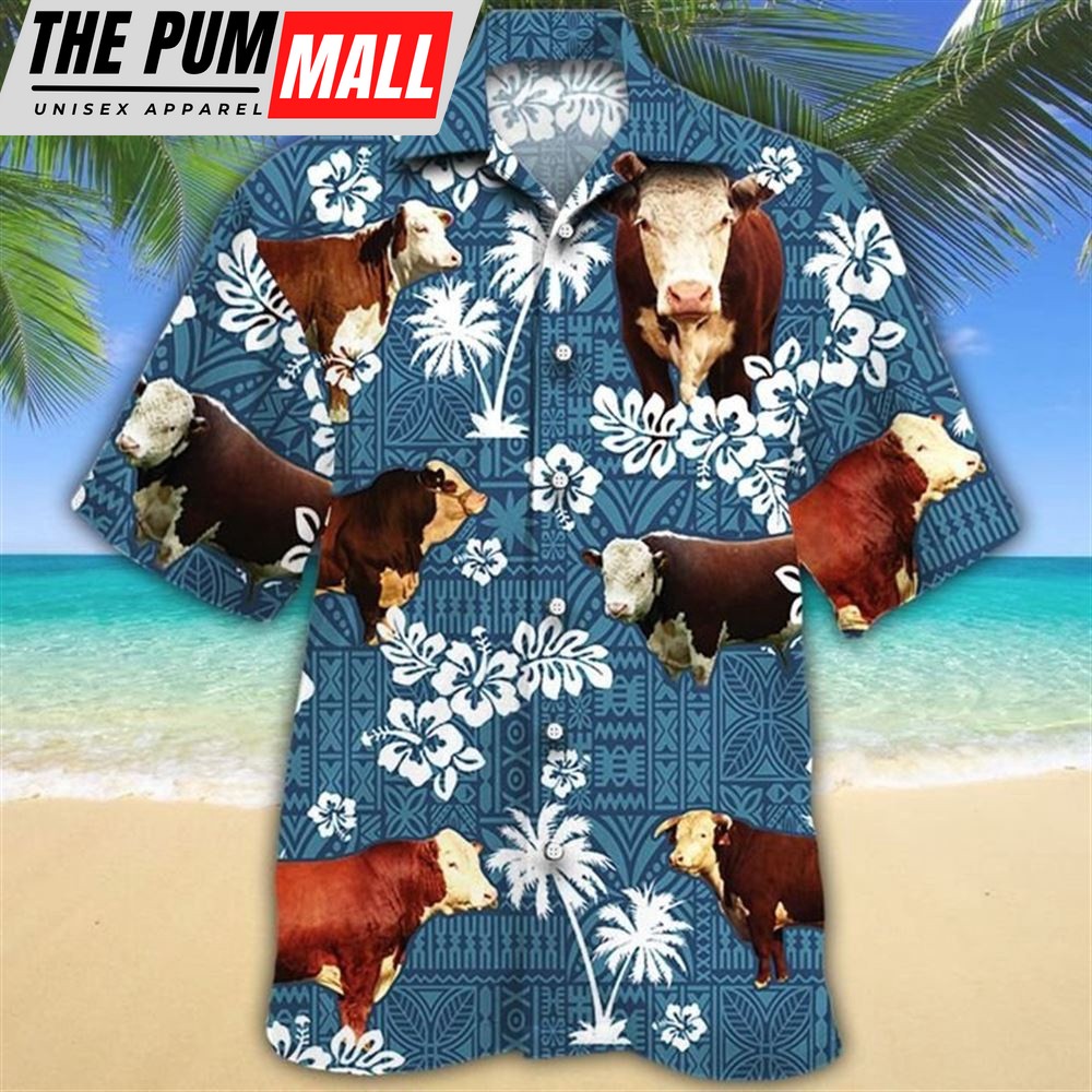 Farm Hawaiian Shirt, Hereford Cattle Blue Tribal All Over Printed 3D Hawaiian Shirt, Animal Hawaiian Shirt