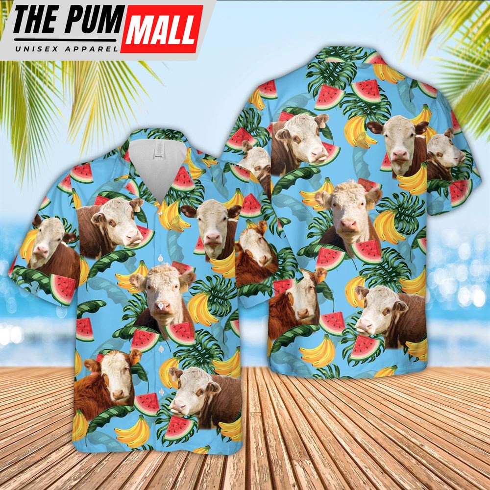 Farm Hawaiian Shirt, Hereford Cattle Blue Tropical Fruits Pattern Hawaiian Shirt, Animal Hawaiian Shirt
