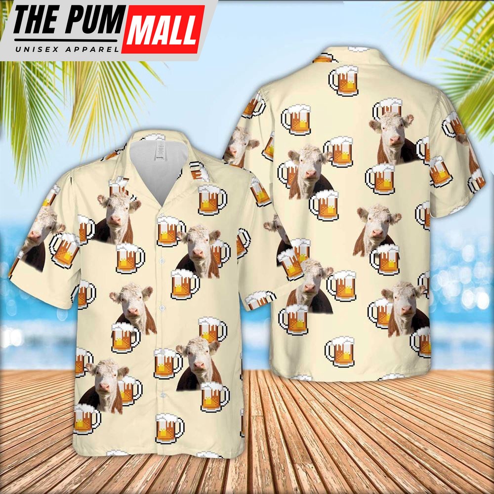 Farm Hawaiian Shirt, Hereford Cattle Drink Beer Pattern Hawaiian Shirt, Animal Hawaiian Shirt