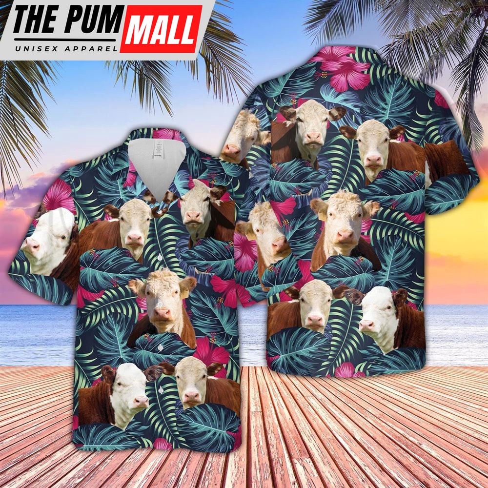 Farm Hawaiian Shirt, Hereford Cattle Floral Tropical Leaves Pattern Hawaiian Shirt, Animal Hawaiian Shirt