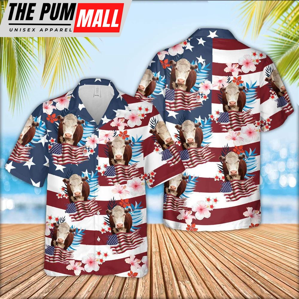 Farm Hawaiian Shirt, Hereford Cattle Floral U.S Flag Pattern Hawaiian Shirt, Animal Hawaiian Shirt