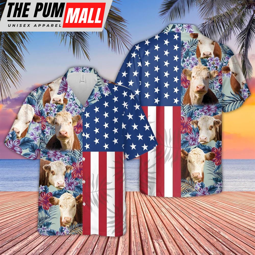 Farm Hawaiian Shirt, Hereford Cattle Flower Pattern Us Flag 3D Hawaiian Shirt, Animal Hawaiian Shirt
