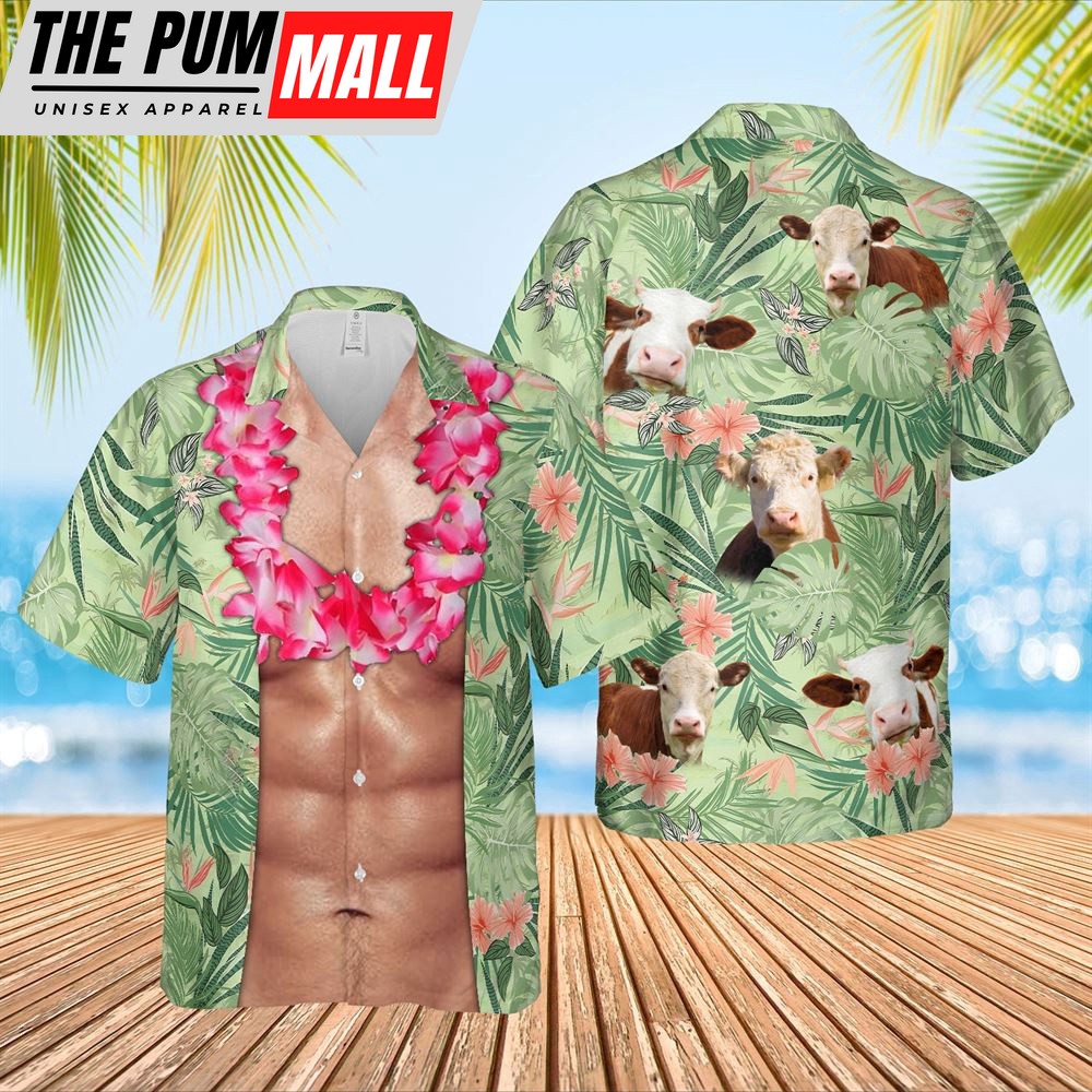 Farm Hawaiian Shirt, Hereford Cattle Funny 6-Pack Body Hawaiian Shirt, Animal Hawaiian Shirt
