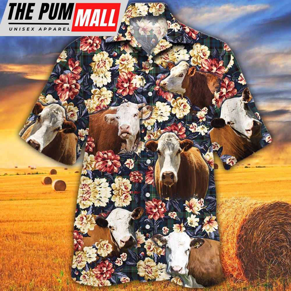Farm Hawaiian Shirt, Hereford Cattle Green Plaid Pattern All Over Printed 3D Hawaiian Shirt, Animal Hawaiian Shirt