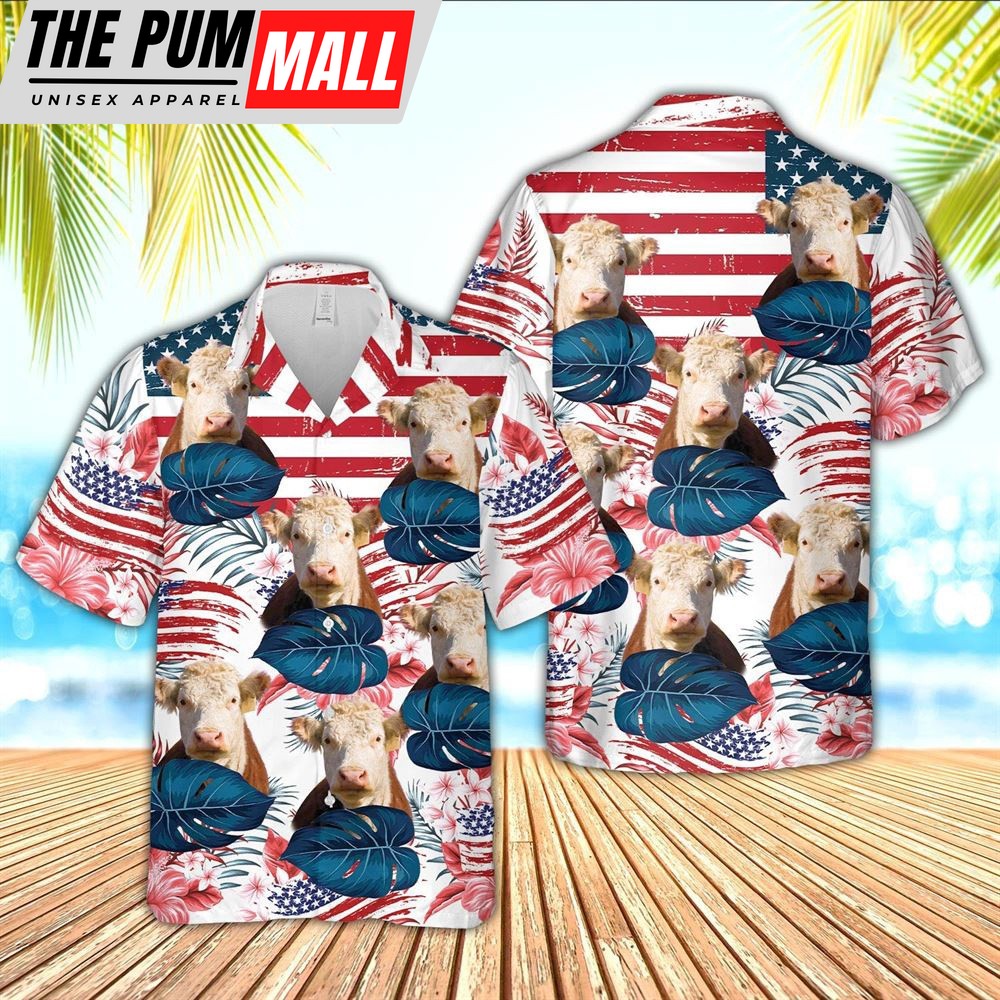 Farm Hawaiian Shirt, Hereford Cattle Hibiscus Pattern Us Flag 3D Hawaiian Shirt, Animal Hawaiian Shirt