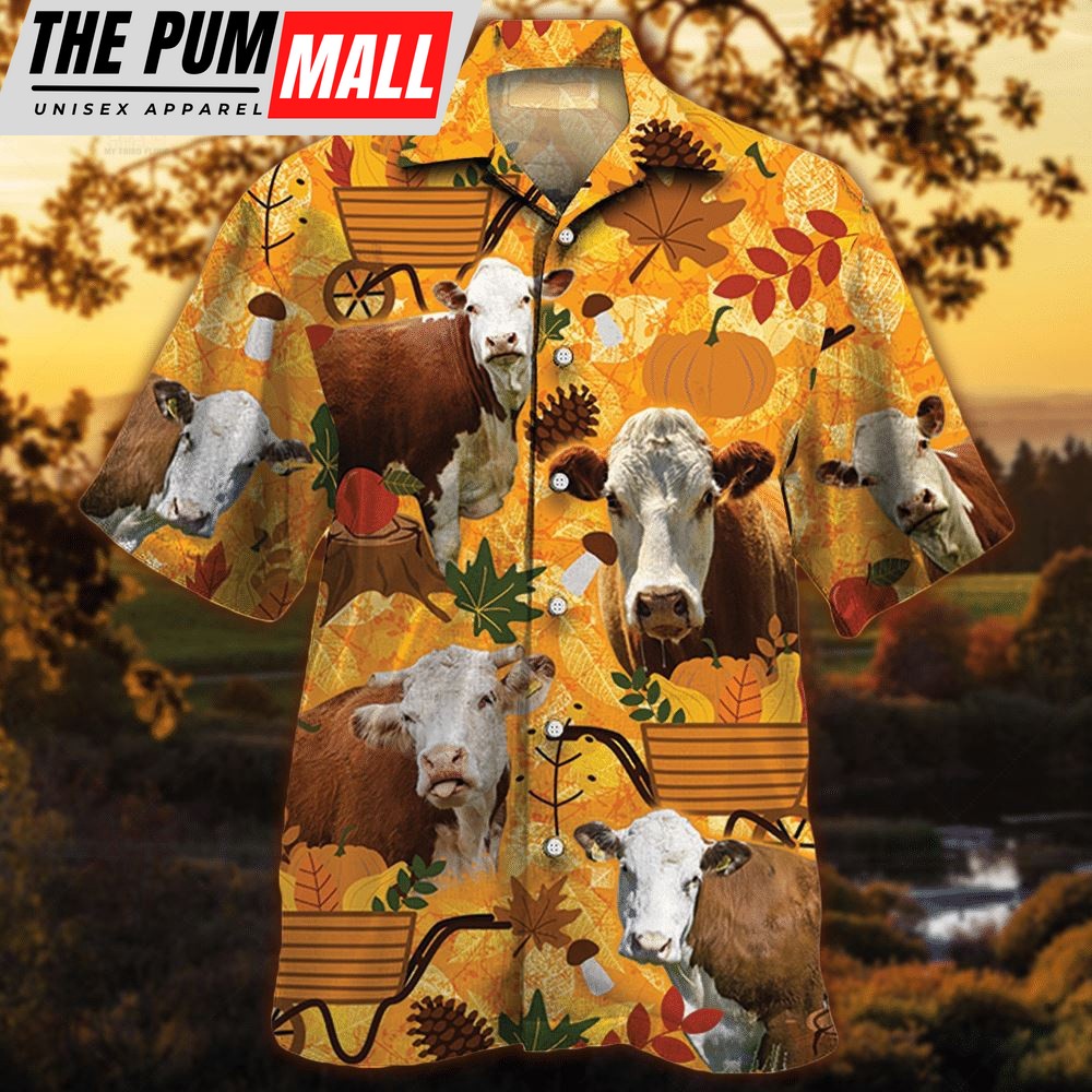 Farm Hawaiian Shirt, Hereford Cattle Nature Autumn Pumpkin All Over Printed 3D Hawaiian Shirt, Animal Hawaiian Shirt