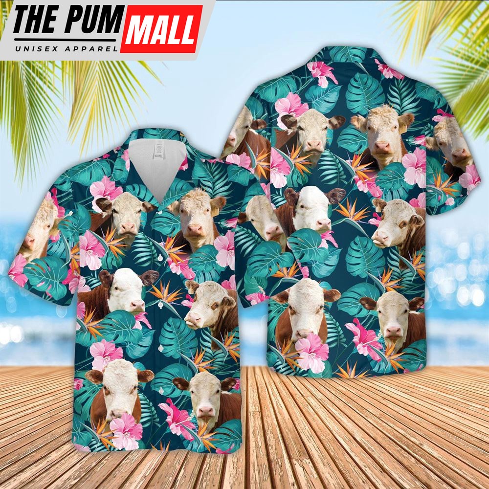 Farm Hawaiian Shirt, Hereford Cattle Palm Leaves Pattern Hawaiian Shirt, Animal Hawaiian Shirt