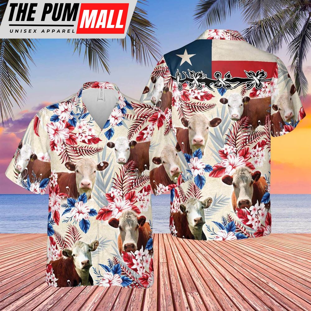 Farm Hawaiian Shirt, Hereford Cattle Texas Flag Hawaiian Flowers All Over Printed 3D Hawaiian Shirt, Animal Hawaiian Shirt