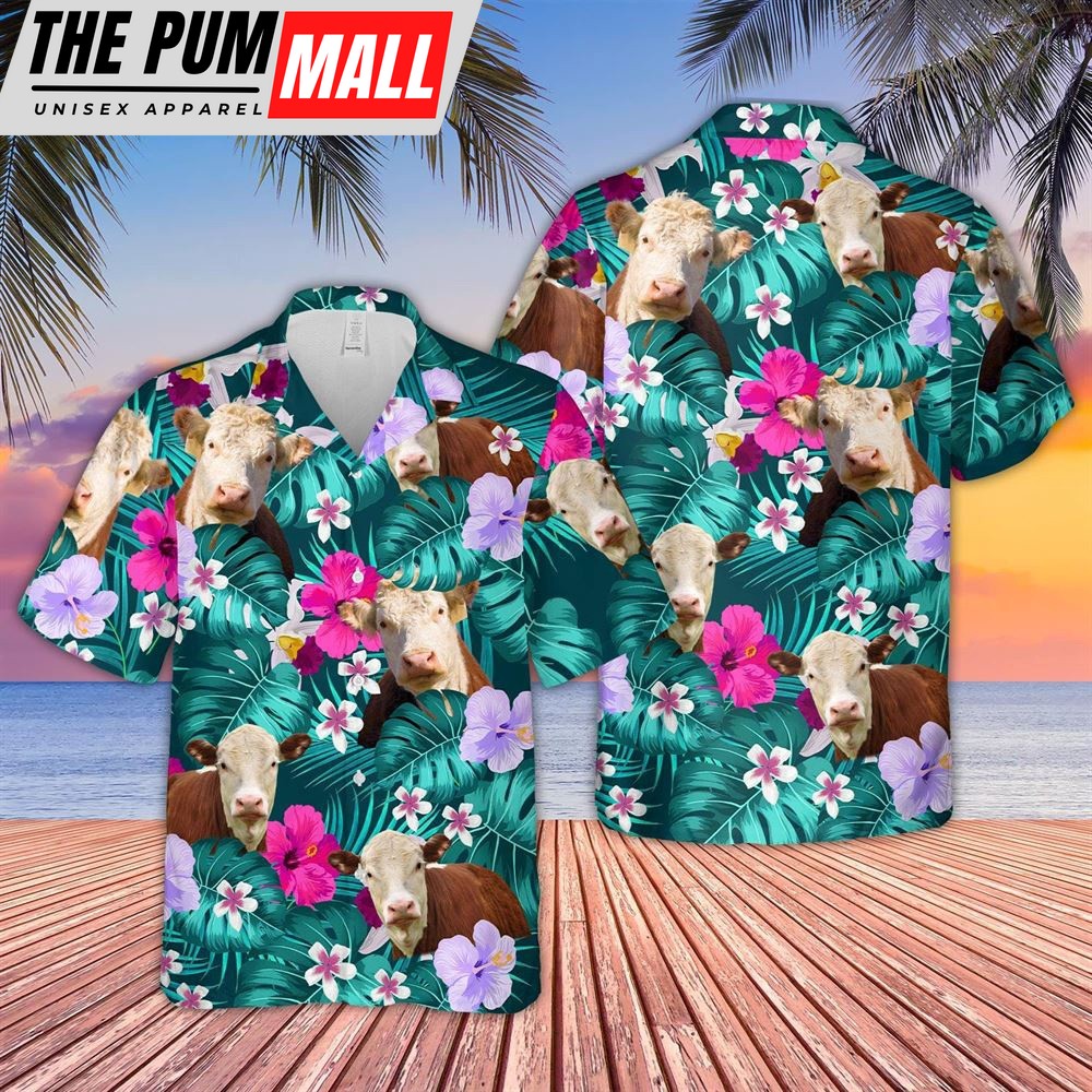 Farm Hawaiian Shirt, Hereford Cattle Tropical Style 3D Hawaiian Shirt, Animal Hawaiian Shirt