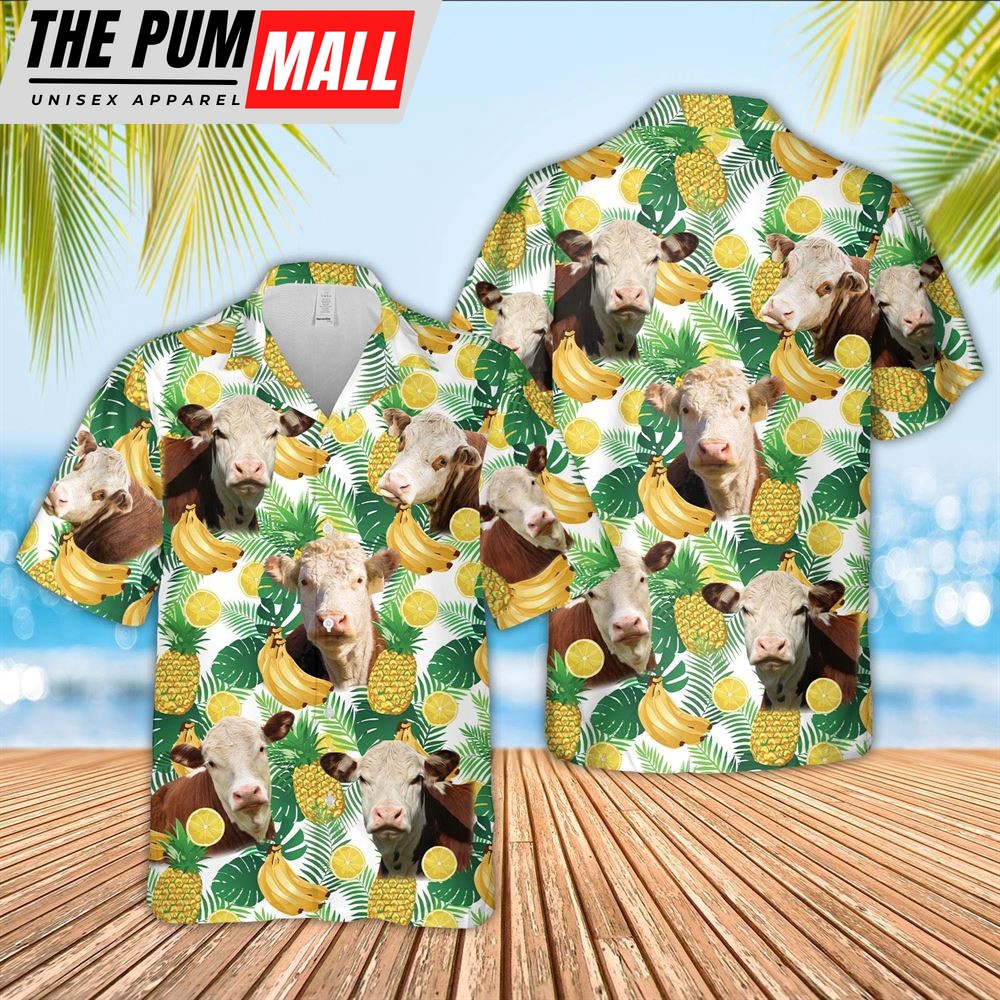 Farm Hawaiian Shirt, Hereford Cattle White Tropical Fruits Pattern Hawaiian Shirt, Animal Hawaiian Shirt