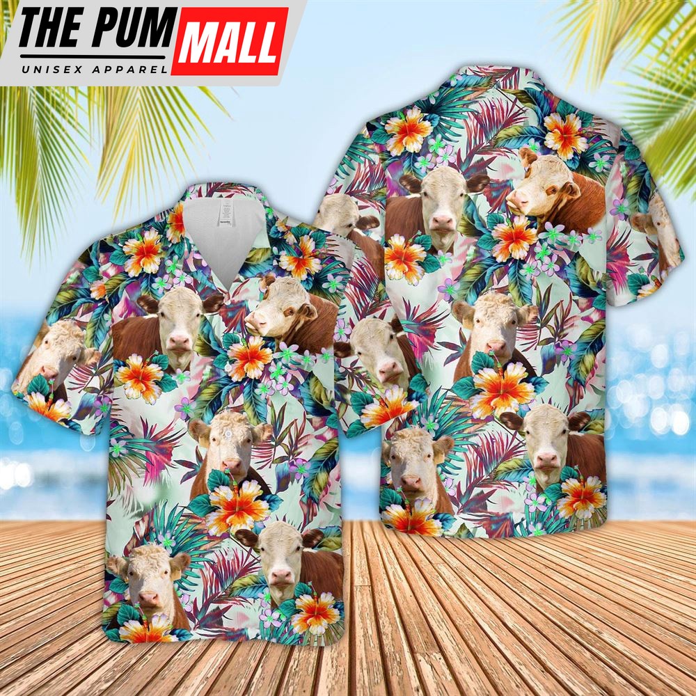 Farm Hawaiian Shirt, Hereford Colorful Leaf Pattern Hawaiian Shirt, Animal Hawaiian Shirt