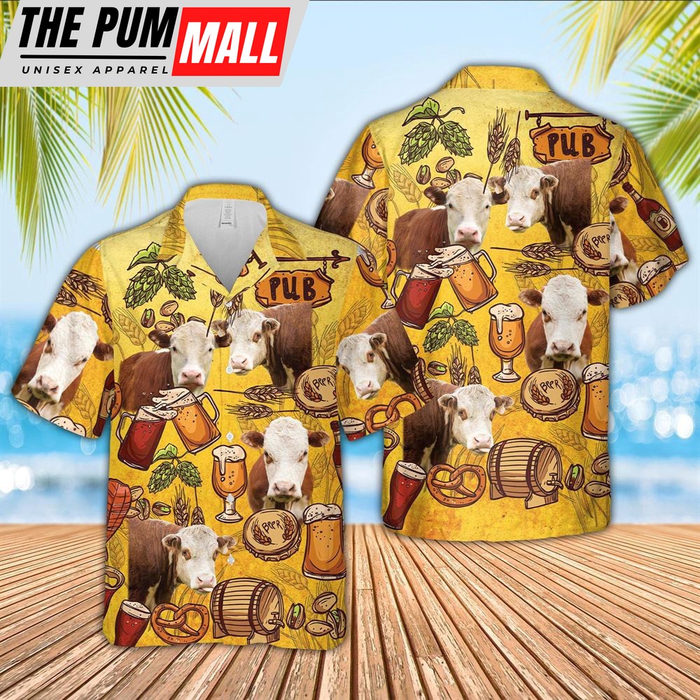 Farm Hawaiian Shirt, Hereford Drink Beer Pattern 3D Hawaiian Shirt, Animal Hawaiian Shirt