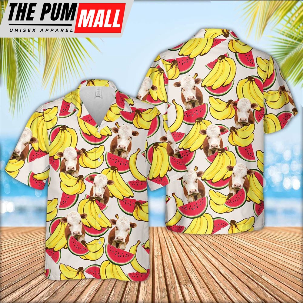Farm Hawaiian Shirt, Hereford Face Fruit Pattern 3D Hawaiian Shirt, Animal Hawaiian Shirt