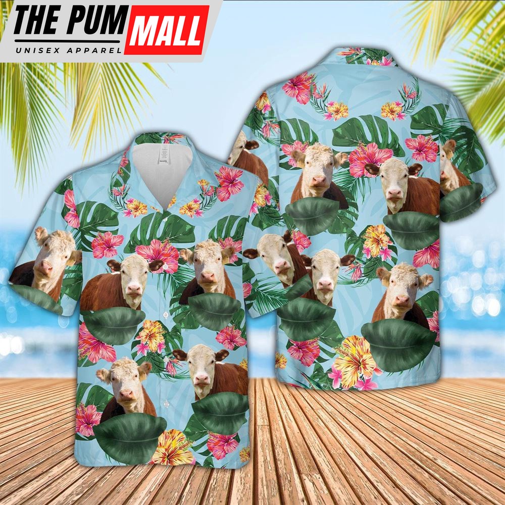 Farm Hawaiian Shirt, Hereford Flower Pattern 3D Hawaiian Shirt, Animal Hawaiian Shirt
