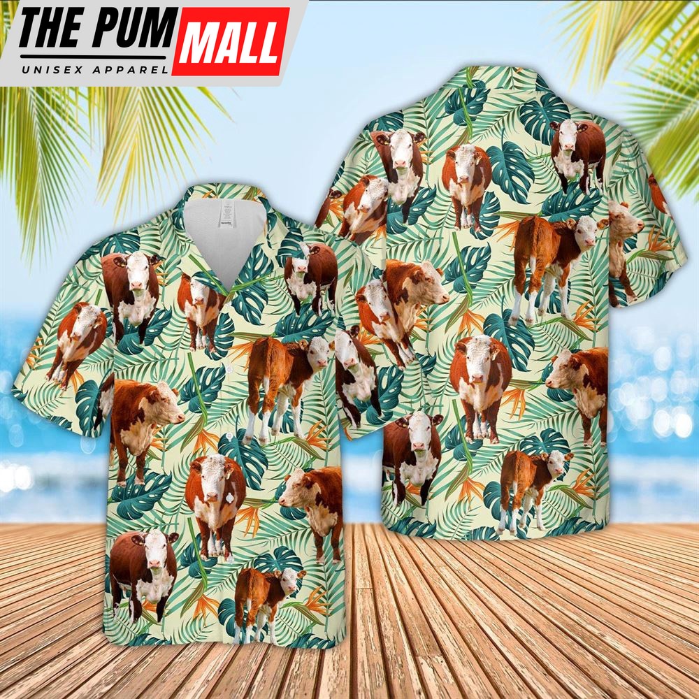 Farm Hawaiian Shirt, Hereford Green Pattern 3D Hawaiian Shirt, Animal Hawaiian Shirt