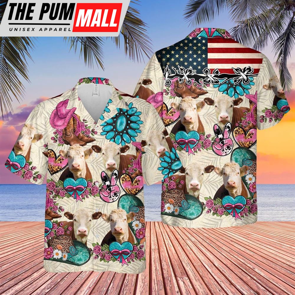 Farm Hawaiian Shirt, Hereford Happiness Flowers 3D Hawaiian Shirt, Animal Hawaiian Shirt