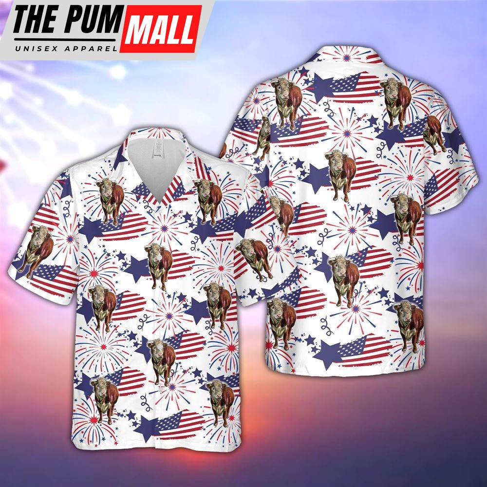 Farm Hawaiian Shirt, Hereford Happy Firework Flag Hawaiian Shirt, Summer Gift, Animal Hawaiian Shirt