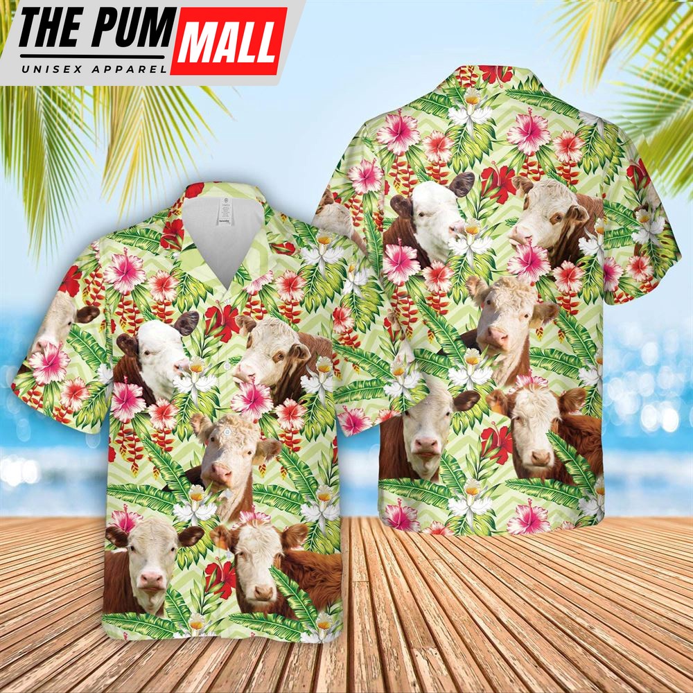 Farm Hawaiian Shirt, Hereford Hibicus Floral 3D Hawaiian Shirt, Animal Hawaiian Shirt