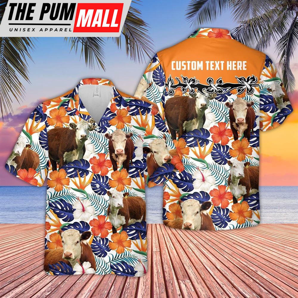 Farm Hawaiian Shirt, Hereford Hibiscus Blue Floral Custom Name 3D Hawaiian Shirt, Animal Hawaiian Shirt