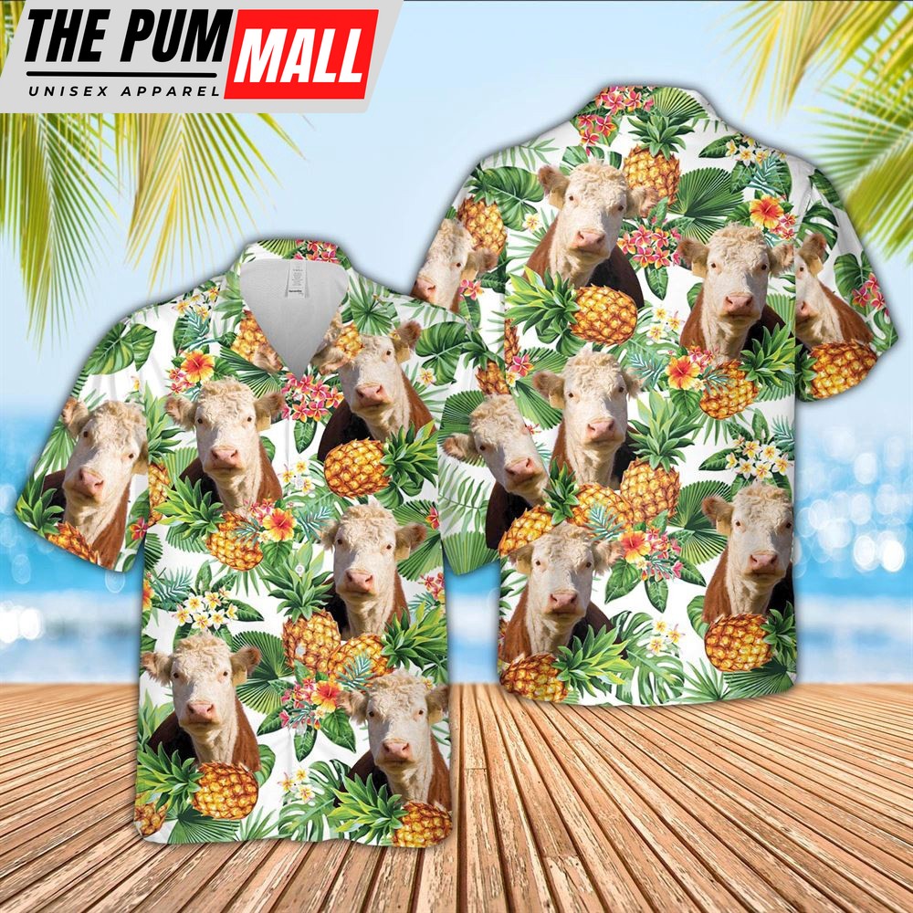 Farm Hawaiian Shirt, Hereford Pineapple Pattern 3D Hawaiian Shirt, Animal Hawaiian Shirt