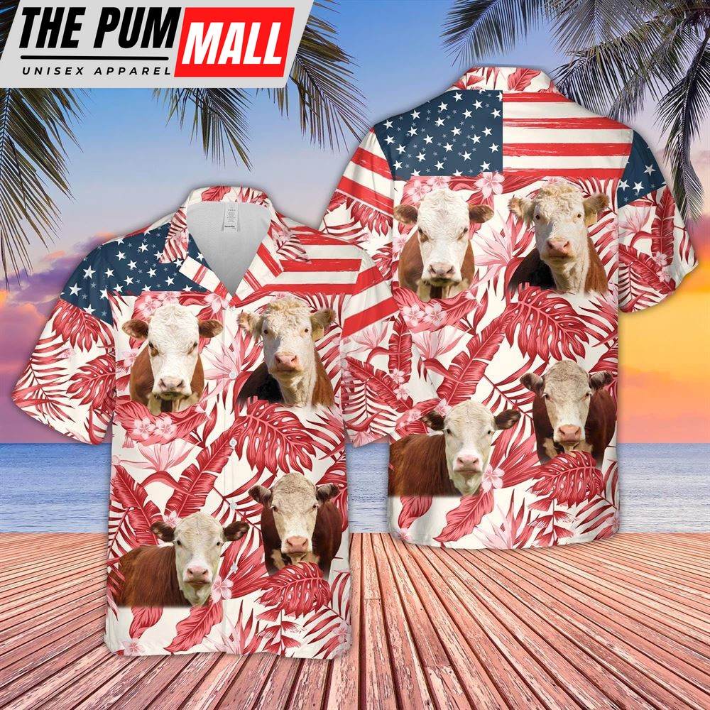 Farm Hawaiian Shirt, Hereford Red Floral Us Flag 3D Hawaiian Shirt, Animal Hawaiian Shirt