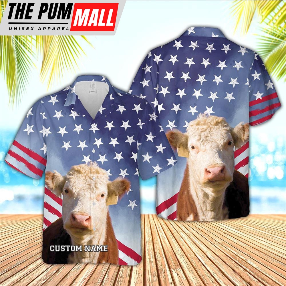 Farm Hawaiian Shirt, Hereford Star Pattern Customized Name 3D Hawaiian Shirt, Animal Hawaiian Shirt