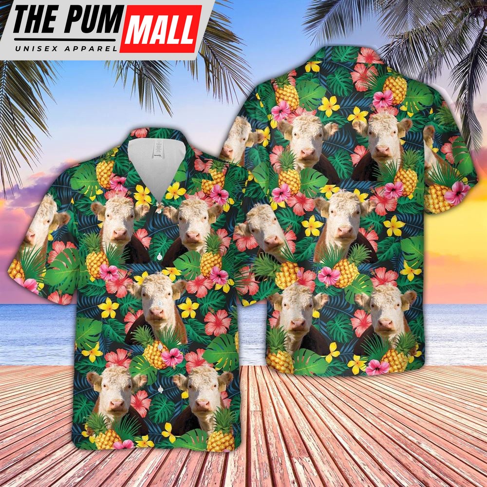 Farm Hawaiian Shirt, Hereford Summer Pattern 3D Hawaiian Shirt, Animal Hawaiian Shirt