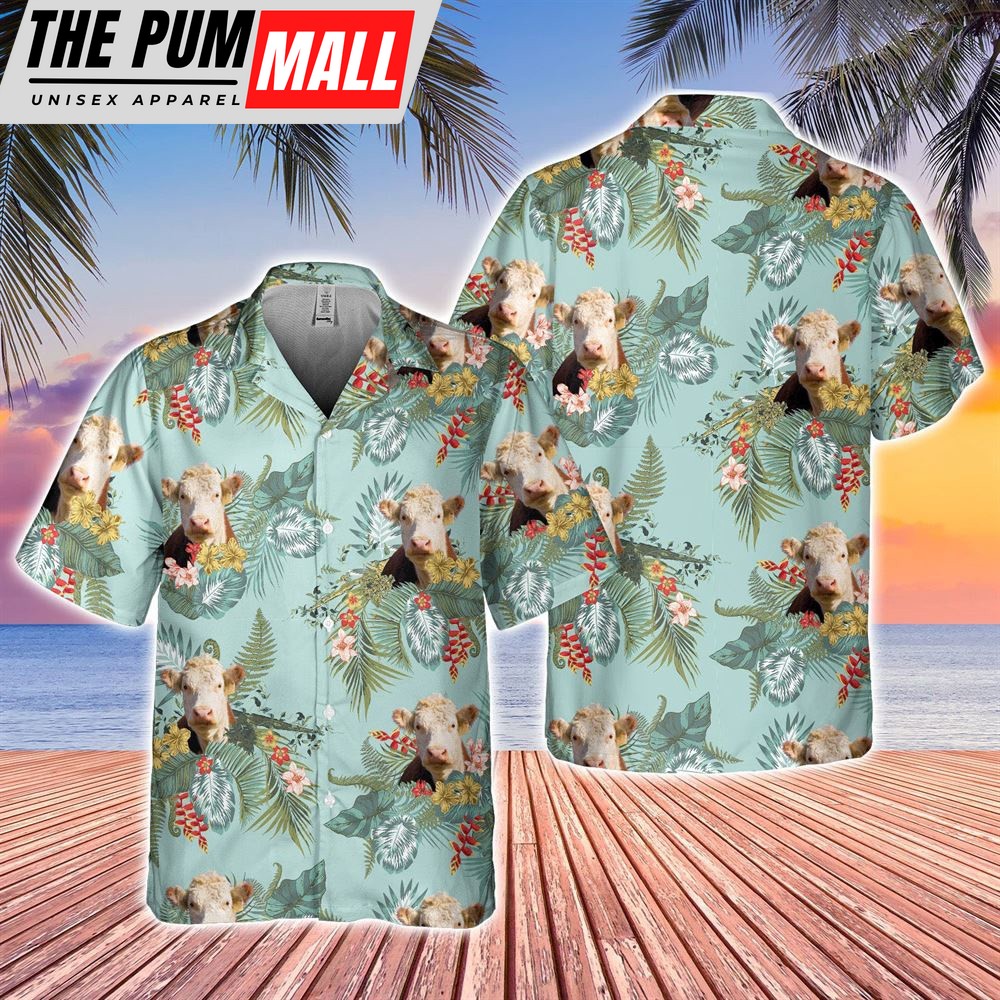 Farm Hawaiian Shirt, Hereford Tropical Flowers Pattern Hawaiian Shirt, Animal Hawaiian Shirt