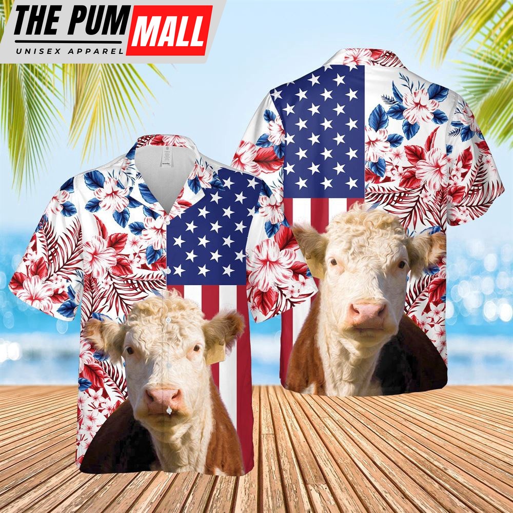 Farm Hawaiian Shirt, Hereford Us Flag Flower 3D Hawaiian Shirt, Animal Hawaiian Shirt