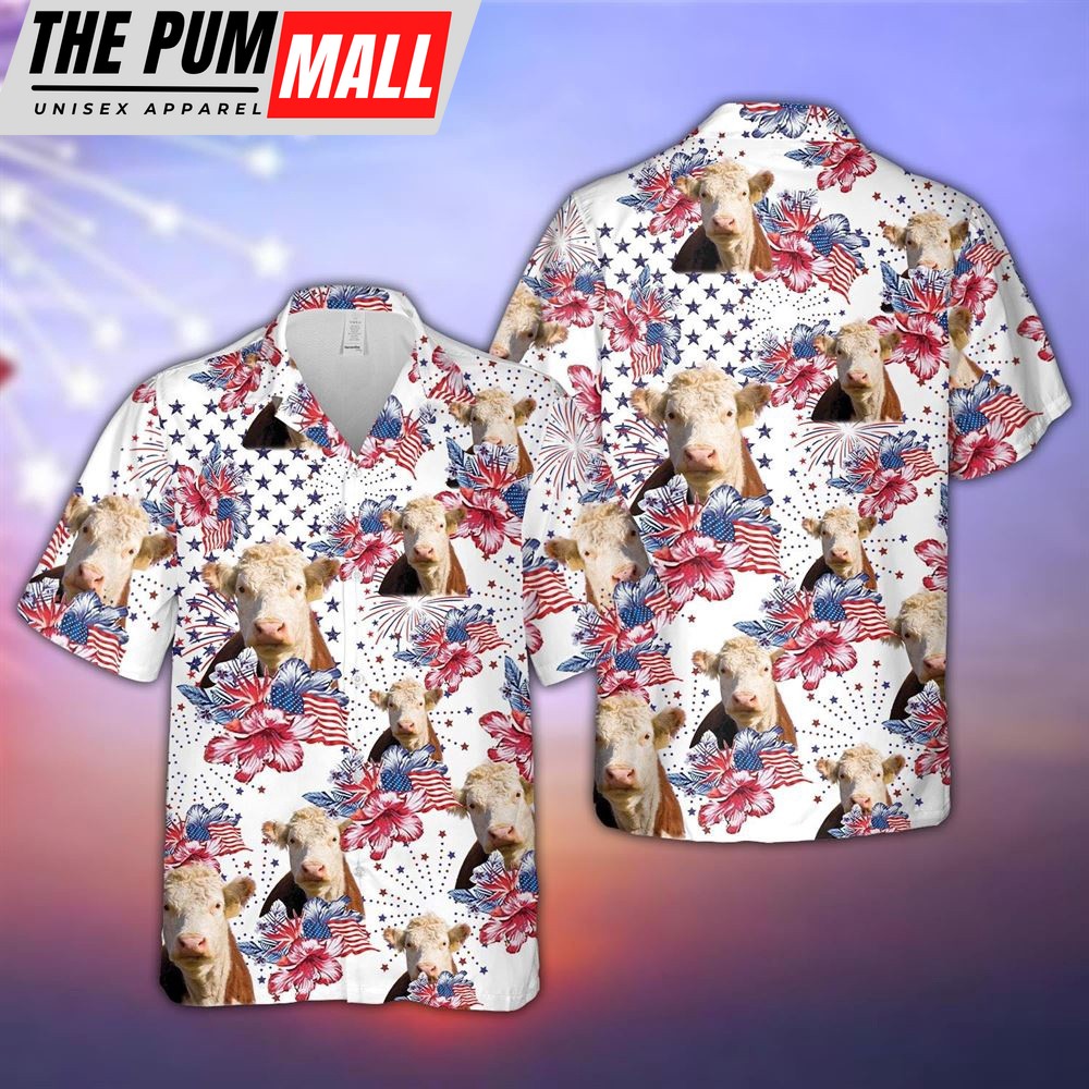 Farm Hawaiian Shirt, Hereford Us Flag Flower Pattern 3D Hawaiian Shirt, Summer Gift, Animal Hawaiian Shirt