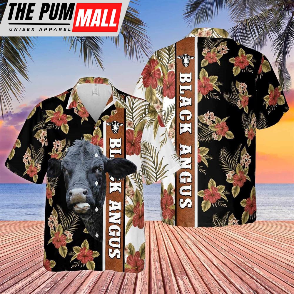 Farm Hawaiian Shirt, Hibiscus Flowers Black Angus Cattle Brown All Over Printed 3D Hawaiian Shirt, Animal Hawaiian Shirt