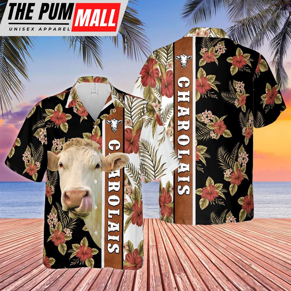 Farm Hawaiian Shirt, Hibiscus Flowers Charolais Cattle Brown All Over Printed 3D Hawaiian Shirt, Animal Hawaiian Shirt