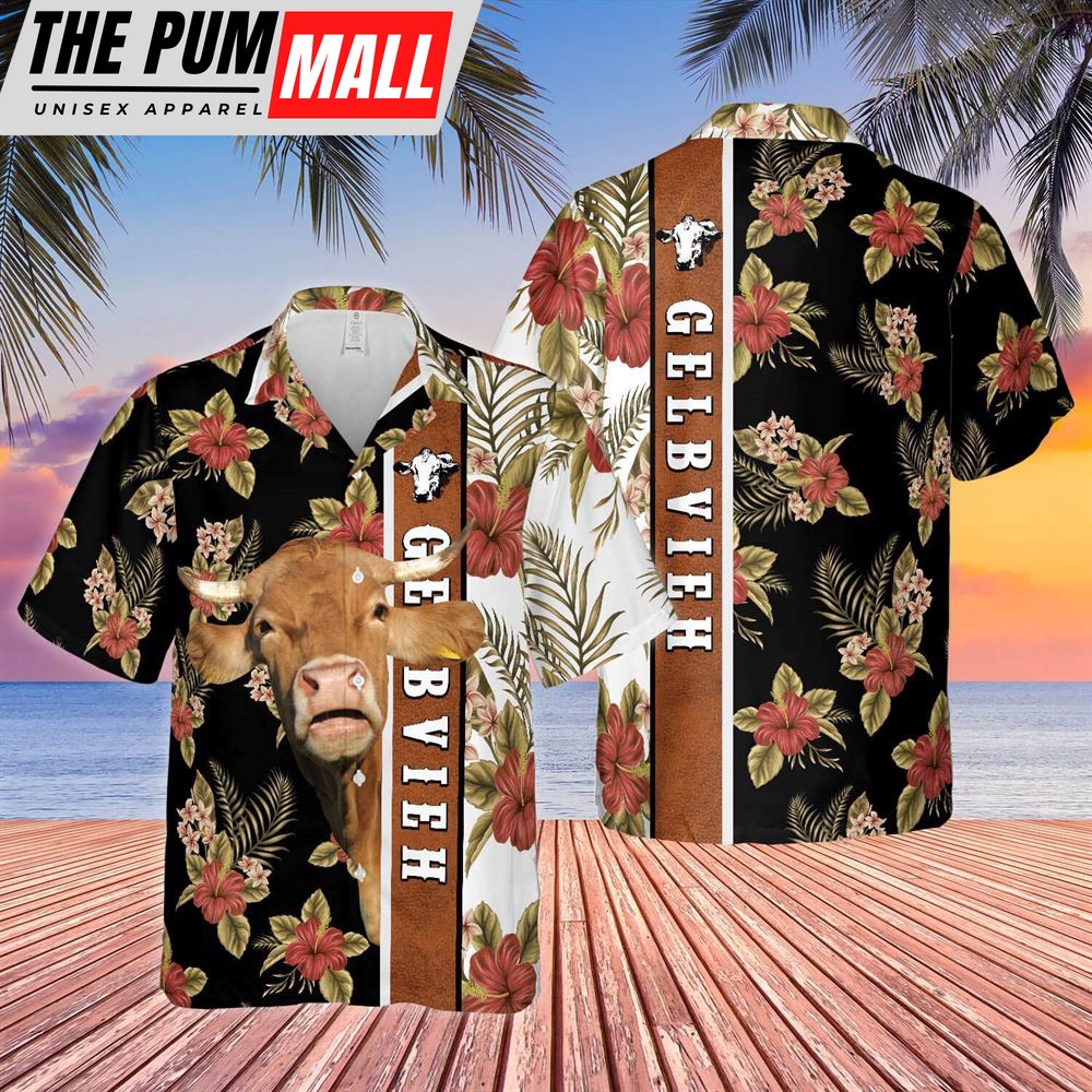 Farm Hawaiian Shirt, Hibiscus Flowers Gelbvieh Cattle Brown All Over Printed 3D Hawaiian Shirt, Animal Hawaiian Shirt