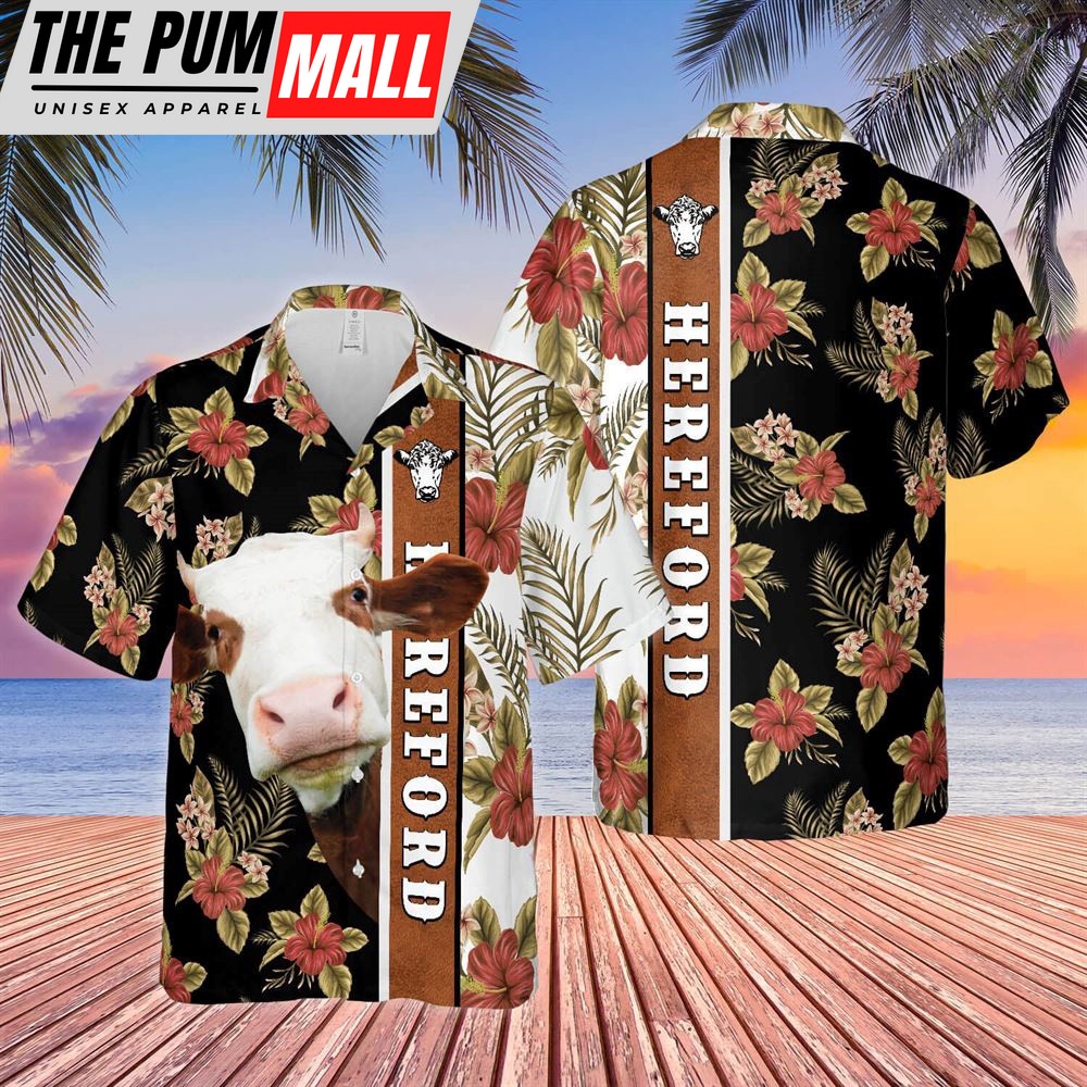 Farm Hawaiian Shirt, Hibiscus Flowers Hereford Cattle Brown All Over Printed 3D Hawaiian Shirt, Animal Hawaiian Shirt