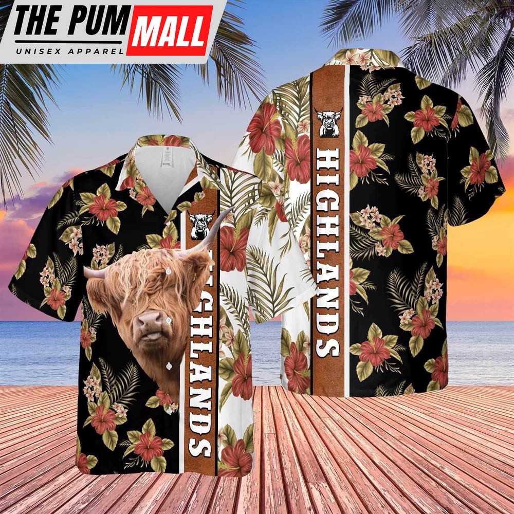 Farm Hawaiian Shirt, Hibiscus Flowers Highlands Cattle Brown All Over Printed 3D Hawaiian Shirt, Animal Hawaiian Shirt