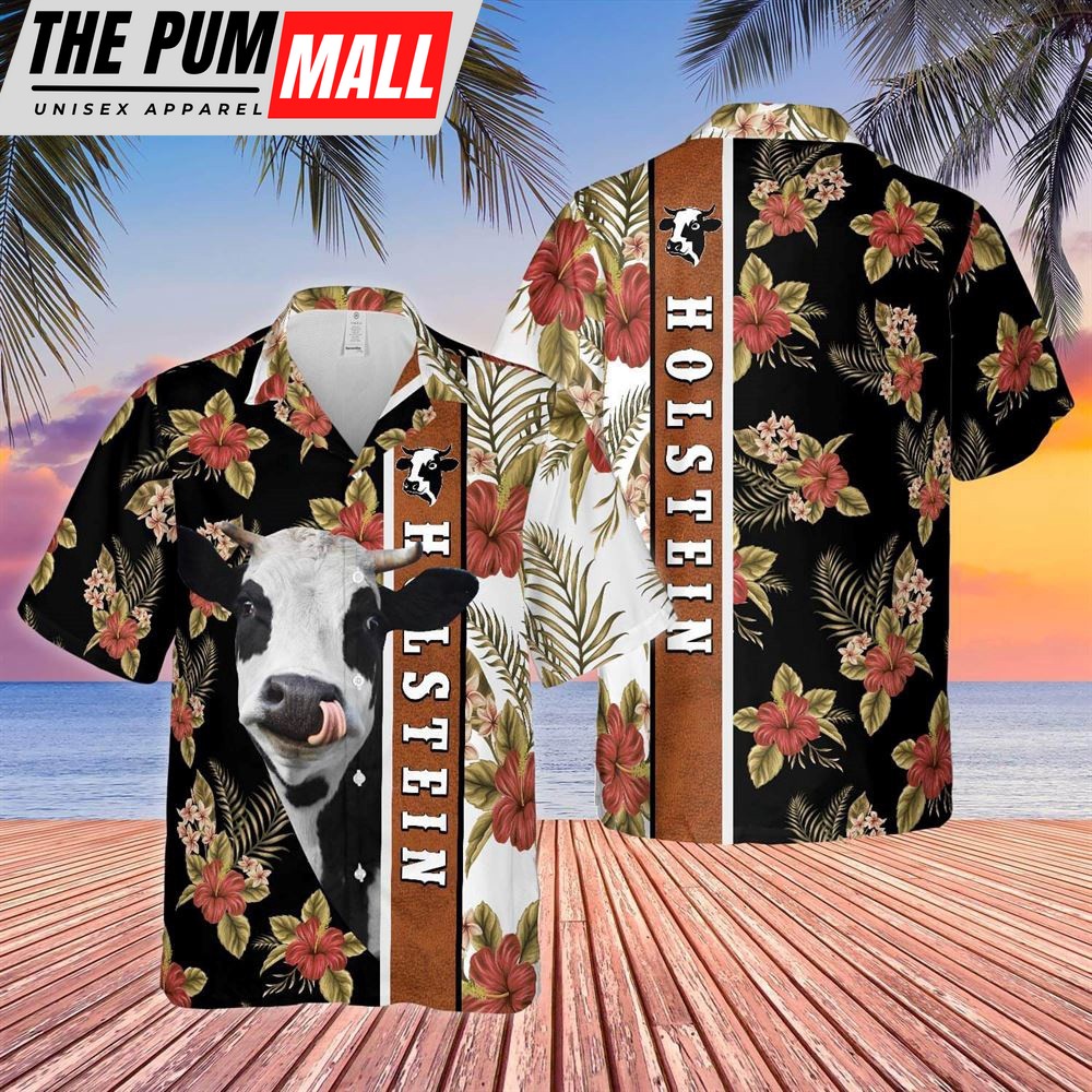 Farm Hawaiian Shirt, Hibiscus Flowers Holstein Cattle Brown All Over Printed 3D Hawaiian Shirt, Animal Hawaiian Shirt