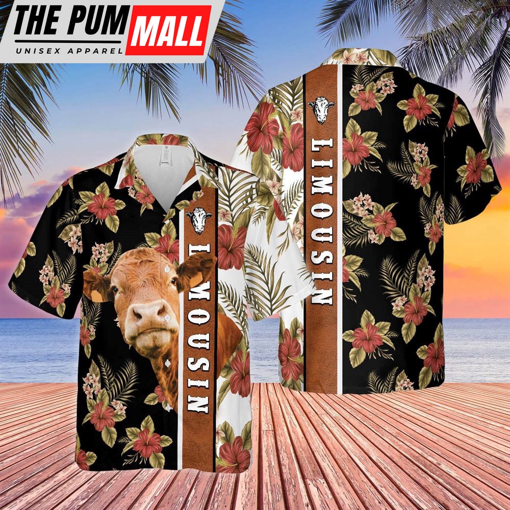 Farm Hawaiian Shirt, Hibiscus Flowers Limousin Cattle Brown All Over Printed 3D Hawaiian Shirt, Animal Hawaiian Shirt