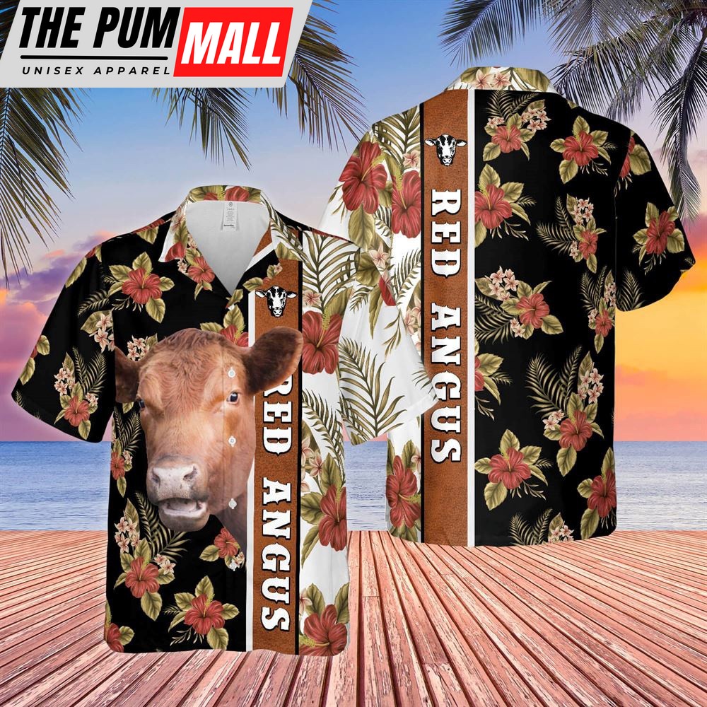Farm Hawaiian Shirt, Hibiscus Flowers Red Angus Cattle Brown All Over Printed 3D Hawaiian Shirt, Animal Hawaiian Shirt