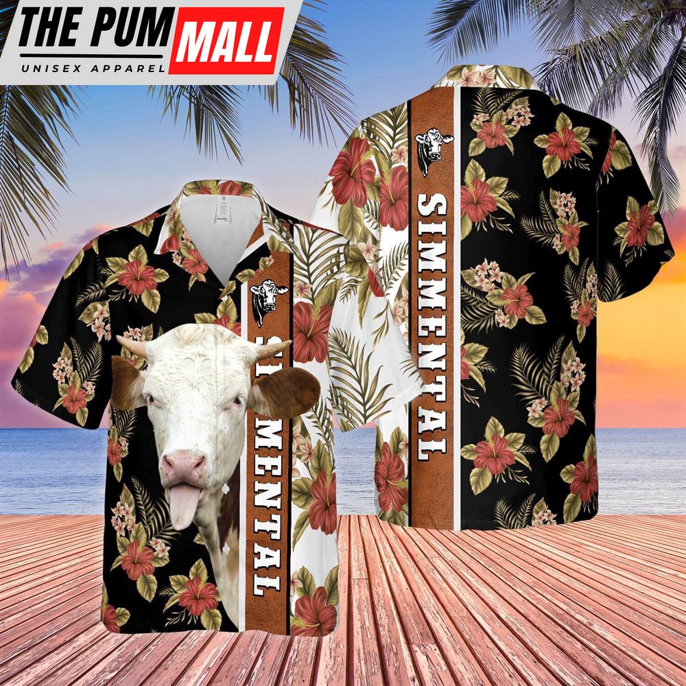 Farm Hawaiian Shirt, Hibiscus Flowers Simmental Cattle Brown All Over Printed 3D Hawaiian Shirt, Animal Hawaiian Shirt