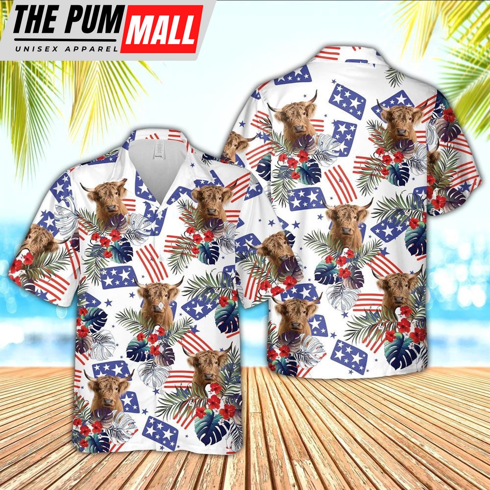 Farm Hawaiian Shirt, Highland American Little Flowers And Flag Pattern Hawaiian Shirt, Animal Hawaiian Shirt