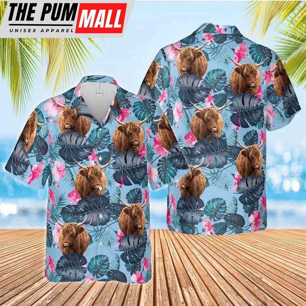 Farm Hawaiian Shirt, Highland Blue Hibiscus Hawaiian Shirt, Animal Hawaiian Shirt