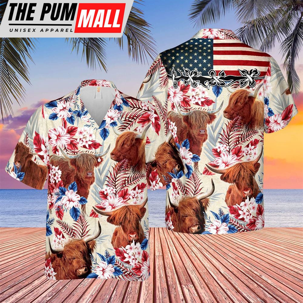 Farm Hawaiian Shirt, Highland Cattle American Flag Hawaiian Flowers All Over Printed 3D Hawaiian Shirt, Animal Hawaiian Shirt