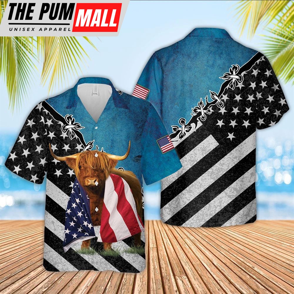 Farm Hawaiian Shirt, Highland Cattle American Flag Hawaiian Shirt, Animal Hawaiian Shirt
