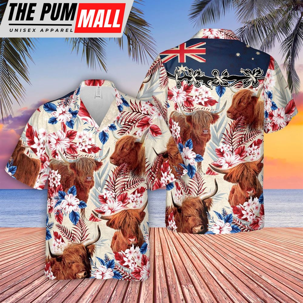 Farm Hawaiian Shirt, Highland Cattle Australia Flag Hawaiian Flowers Hawaiian Shirt, Animal Hawaiian Shirt