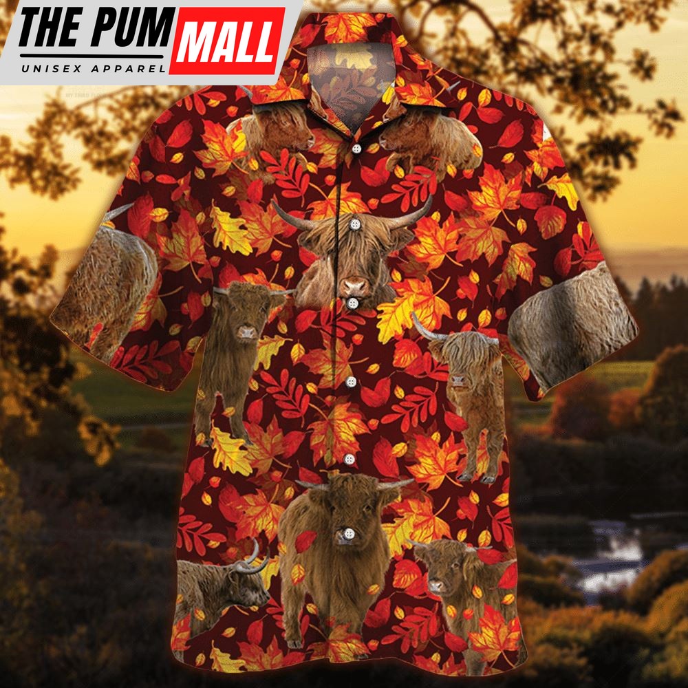 Farm Hawaiian Shirt, Highland Cattle Autumn Leaves All Over Printed 3D Hawaiian Shirt, Animal Hawaiian Shirt