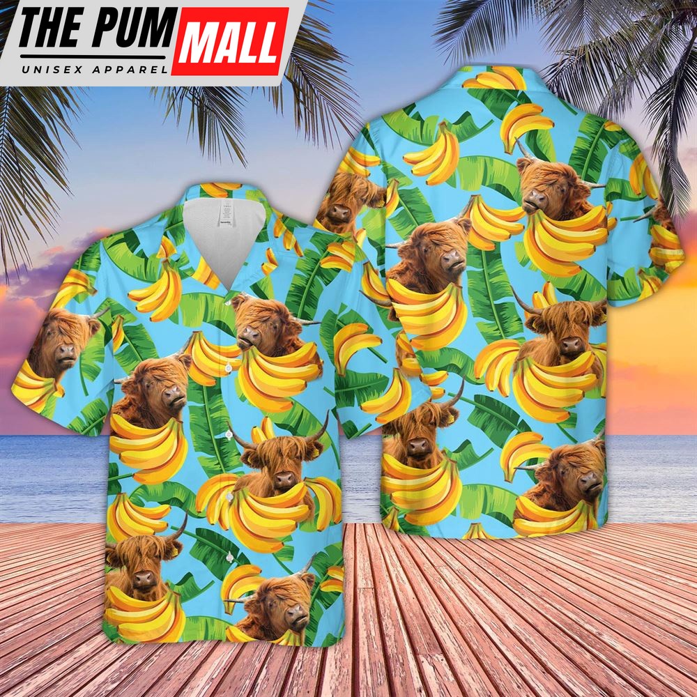 Farm Hawaiian Shirt, Highland Cattle Banana Pattern 3D Hawaiian Shirt, Animal Hawaiian Shirt