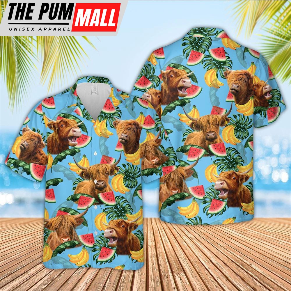 Farm Hawaiian Shirt, Highland Cattle Blue Tropical Fruits Pattern Hawaiian Shirt, Animal Hawaiian Shirt