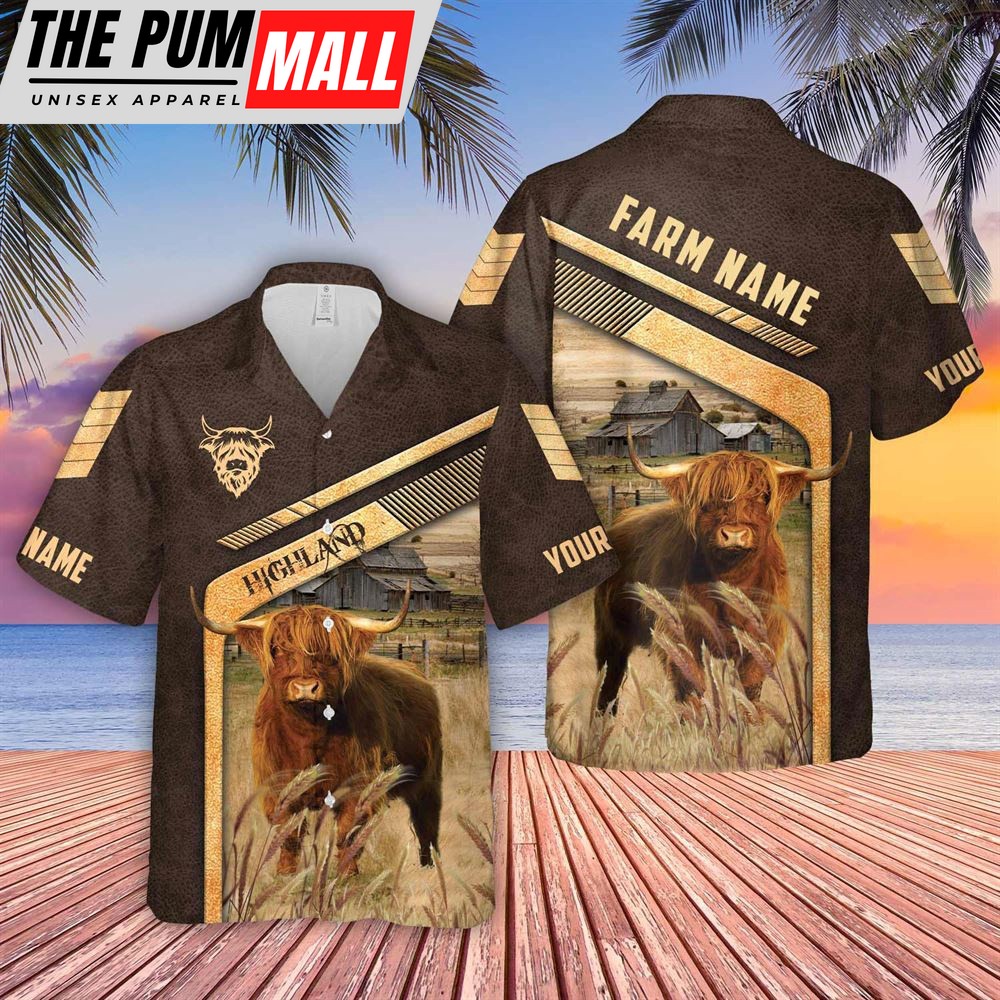 Farm Hawaiian Shirt, Highland Cattle Brown Pattern Customized Name 3D Hawaiian Shirt, Animal Hawaiian Shirt