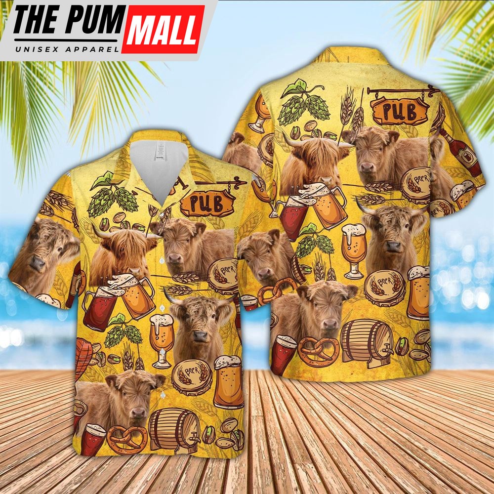 Farm Hawaiian Shirt, Highland Cattle Drink Beer Pattern 3D Hawaiian Shirt, Animal Hawaiian Shirt