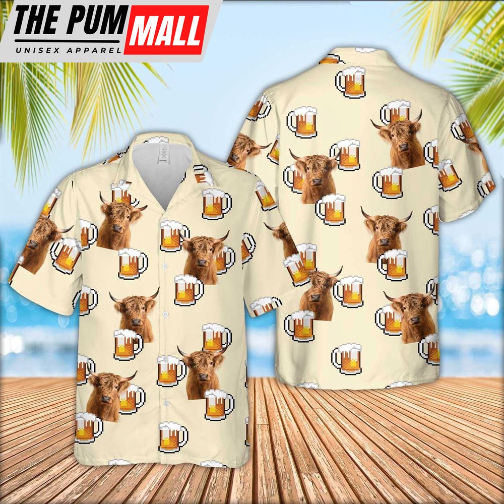 Farm Hawaiian Shirt, Highland Cattle Drink Beer Pattern Hawaiian Shirt, Animal Hawaiian Shirt